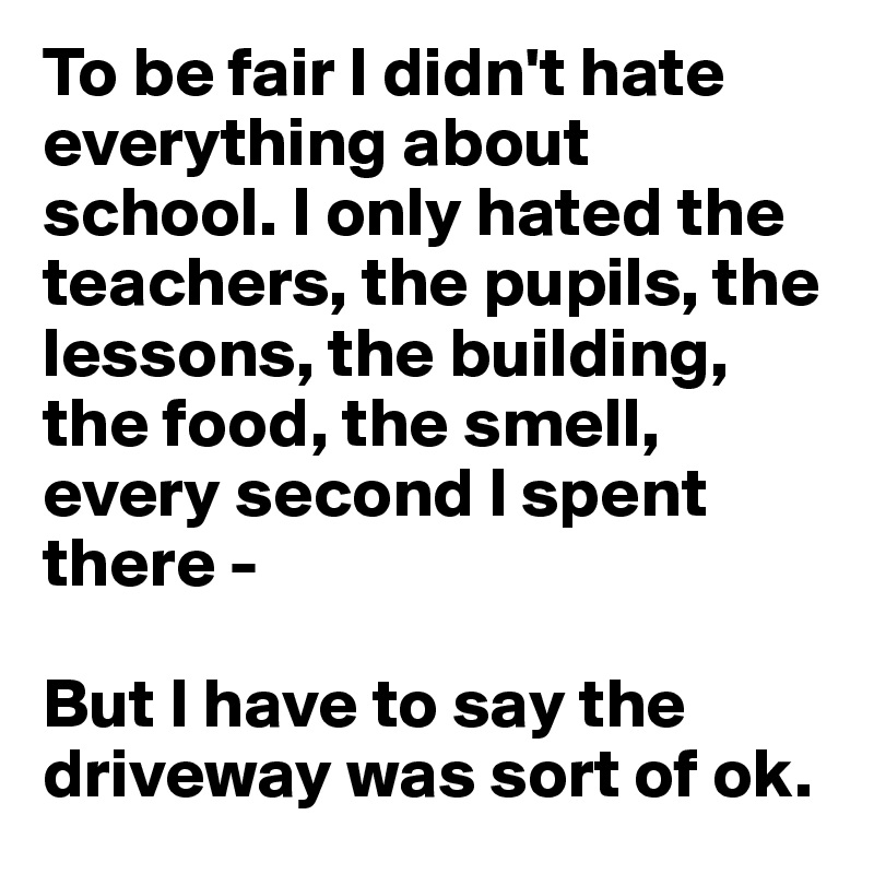 To be fair I didn't hate everything about school. I only hated the teachers, the pupils, the lessons, the building, the food, the smell, every second I spent there - 

But I have to say the driveway was sort of ok.