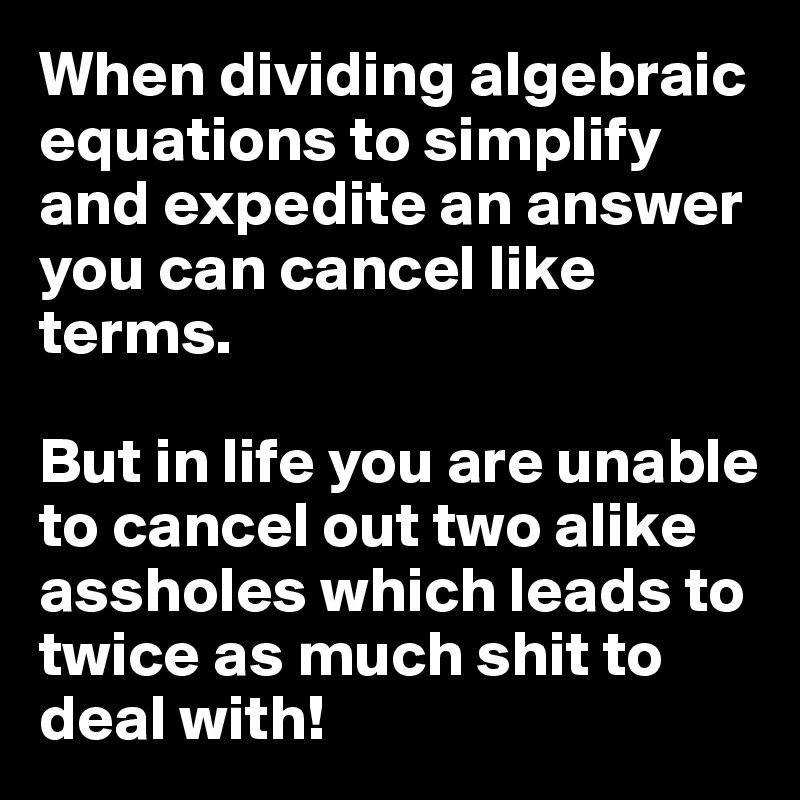 When dividing algebraic equations to simplify and expedite an answer you can cancel like terms.

But in life you are unable to cancel out two alike assholes which leads to twice as much shit to deal with!