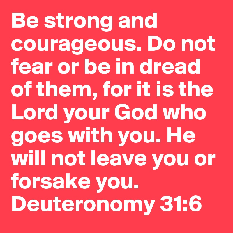 Be strong and     courageous. Do not fear or be in dread of them, for it is the Lord your God who goes with you. He will not leave you or forsake you.
Deuteronomy 31:6