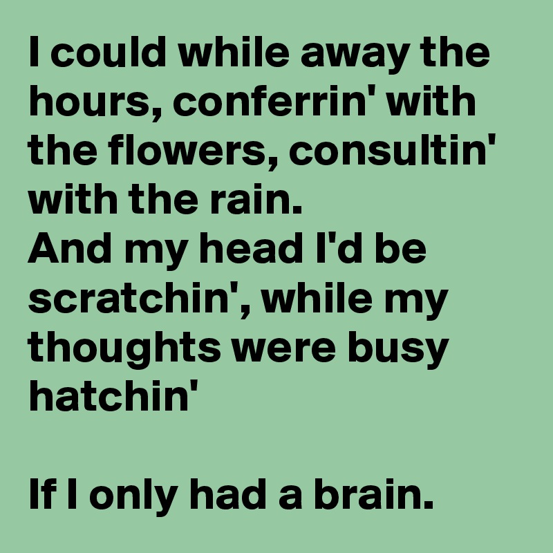 I could while away the hours, conferrin' with the flowers, consultin' with the rain.
And my head I'd be scratchin', while my thoughts were busy hatchin'

If I only had a brain.