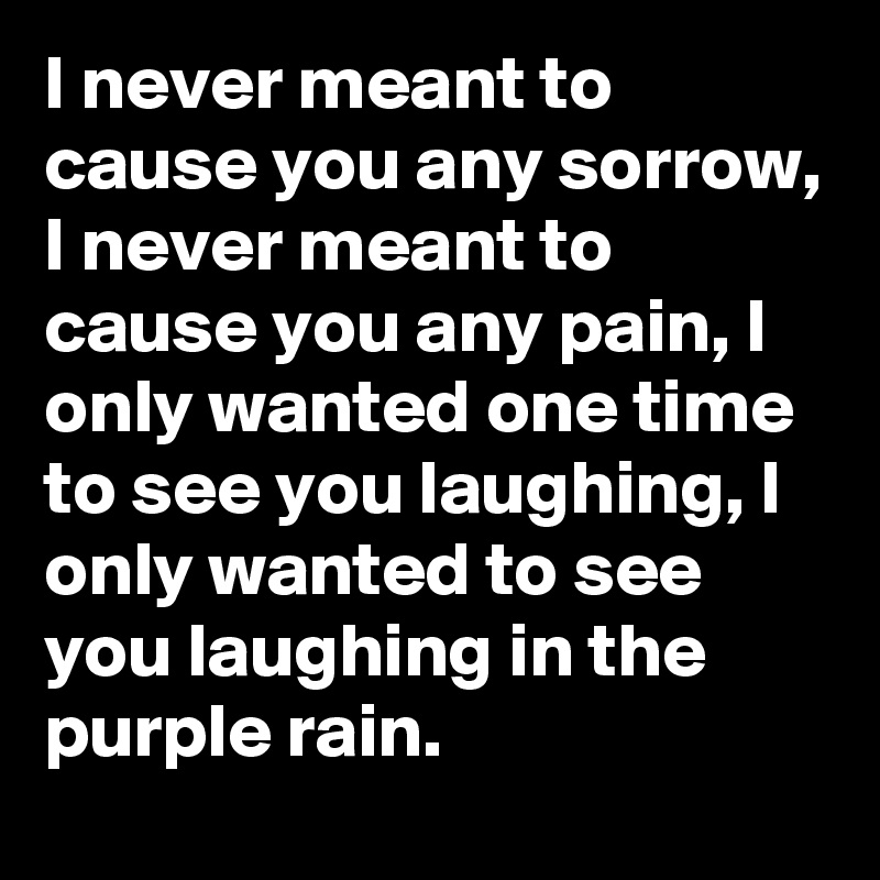 I never meant to cause you any sorrow, I never meant to cause you any pain, I only wanted one time to see you laughing, I only wanted to see you laughing in the purple rain.