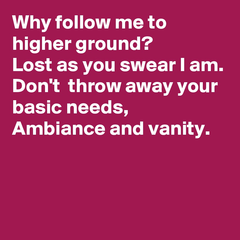 Why follow me to higher ground? 
Lost as you swear I am.
Don't  throw away your basic needs,
Ambiance and vanity.


