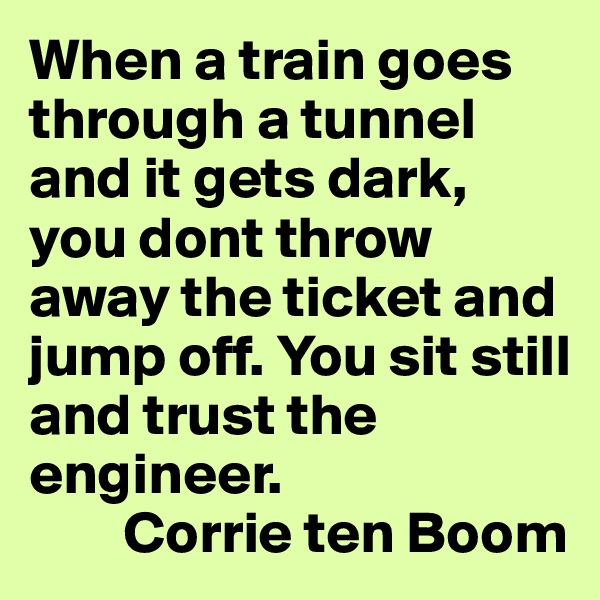 When a train goes through a tunnel and it gets dark, you dont throw away the ticket and jump off. You sit still and trust the engineer.
        Corrie ten Boom