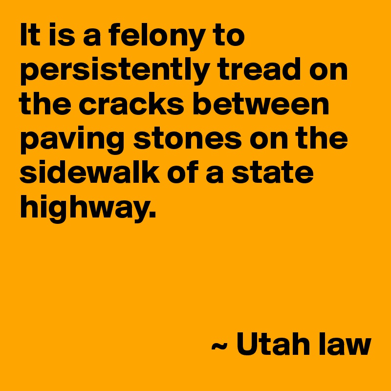 It is a felony to persistently tread on the cracks between paving stones on the sidewalk of a state highway.



                            ~ Utah law