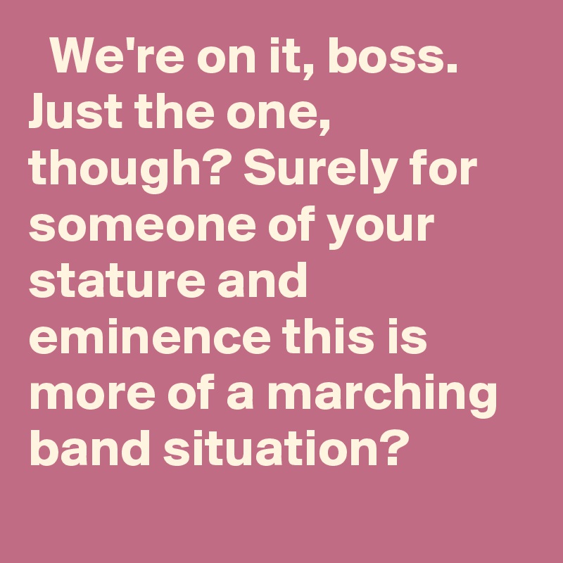   We're on it, boss. Just the one, though? Surely for someone of your stature and eminence this is more of a marching band situation?
