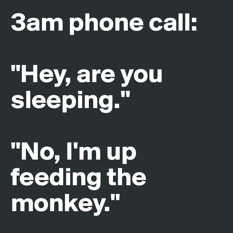 3am phone call:

"Hey, are you sleeping."

"No, I'm up feeding the monkey."