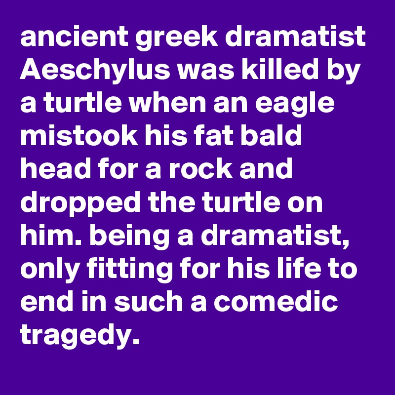 ancient greek dramatist Aeschylus was killed by a turtle when an eagle mistook his fat bald head for a rock and dropped the turtle on him. being a dramatist, only fitting for his life to end in such a comedic tragedy.