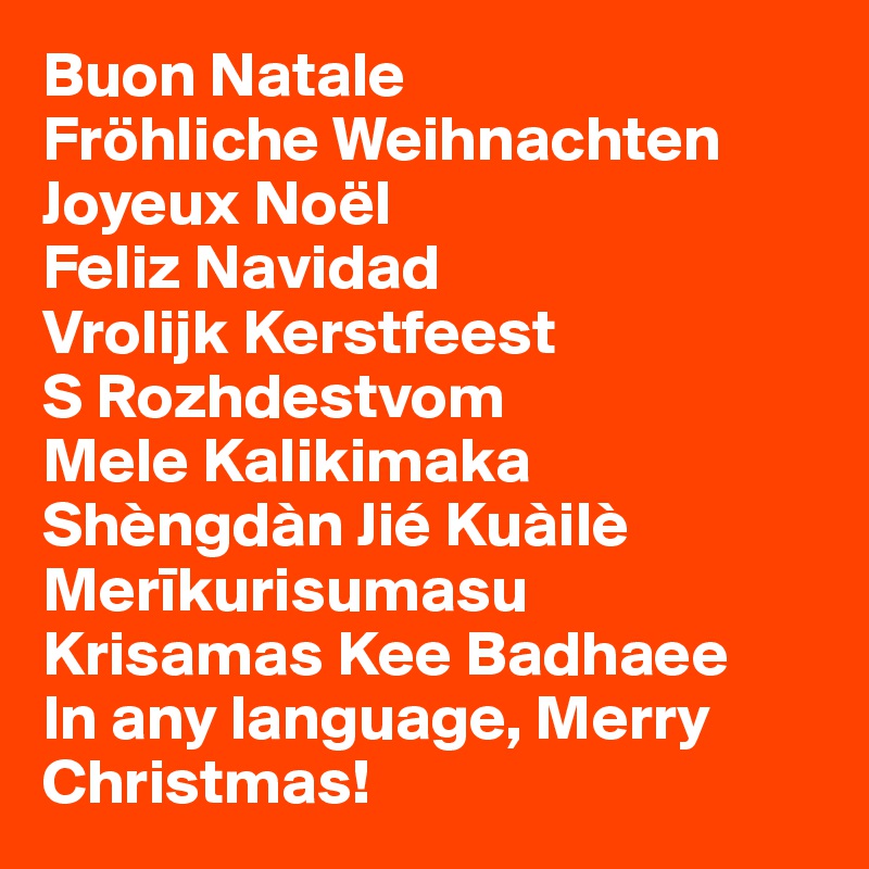 Buon Natale
Fröhliche Weihnachten
Joyeux Noël
Feliz Navidad
Vrolijk Kerstfeest
S Rozhdestvom
Mele Kalikimaka
Shèngdàn Jié Kuàilè
Merikurisumasu
Krisamas Kee Badhaee
In any language, Merry Christmas!