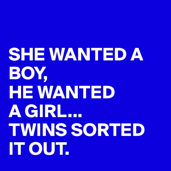 

SHE WANTED A BOY,
HE WANTED
A GIRL...
TWINS SORTED IT OUT.