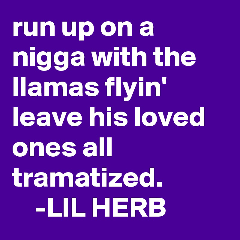 run up on a nigga with the llamas flyin' leave his loved ones all tramatized.
    -LIL HERB