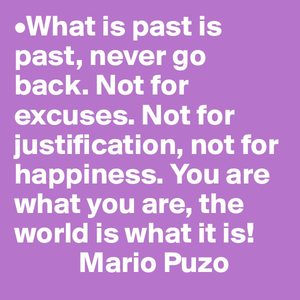 •What is past is past, never go back. Not for excuses. Not for justification, not for happiness. You are what you are, the world is what it is! 
           Mario Puzo 