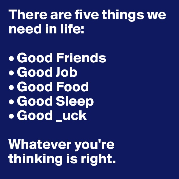 There are five things we need in life:

• Good Friends
• Good Job
• Good Food
• Good Sleep
• Good _uck

Whatever you're thinking is right.