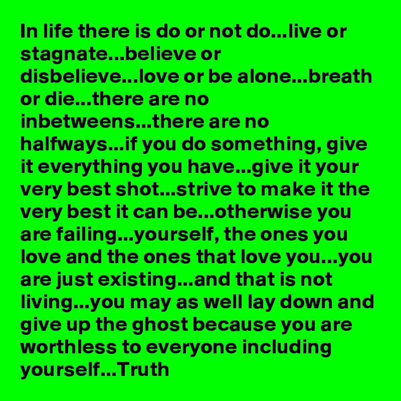 In life there is do or not do...live or stagnate...believe or disbelieve...love or be alone...breath or die...there are no inbetweens...there are no halfways...if you do something, give it everything you have...give it your very best shot...strive to make it the very best it can be...otherwise you are failing...yourself, the ones you love and the ones that love you...you are just existing...and that is not living...you may as well lay down and give up the ghost because you are worthless to everyone including yourself...Truth