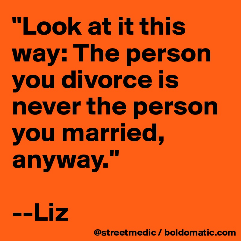 "Look at it this way: The person you divorce is never the person you married, anyway."

--Liz