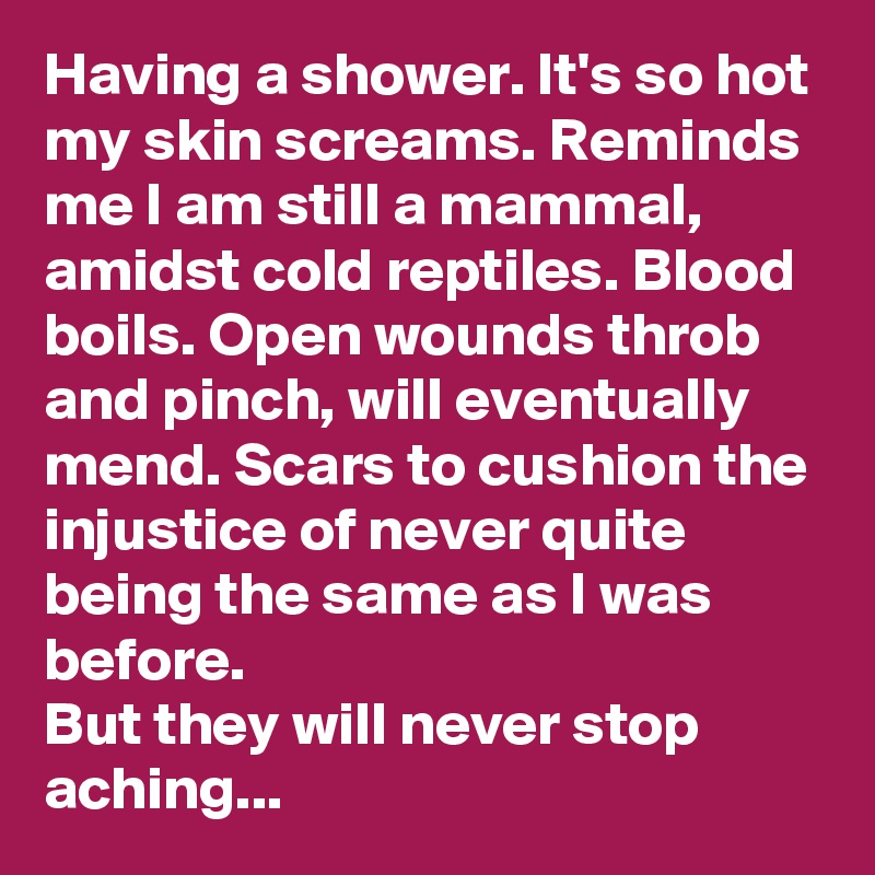 Having a shower. It's so hot my skin screams. Reminds me I am still a mammal, amidst cold reptiles. Blood boils. Open wounds throb and pinch, will eventually mend. Scars to cushion the injustice of never quite being the same as I was before.
But they will never stop aching...
