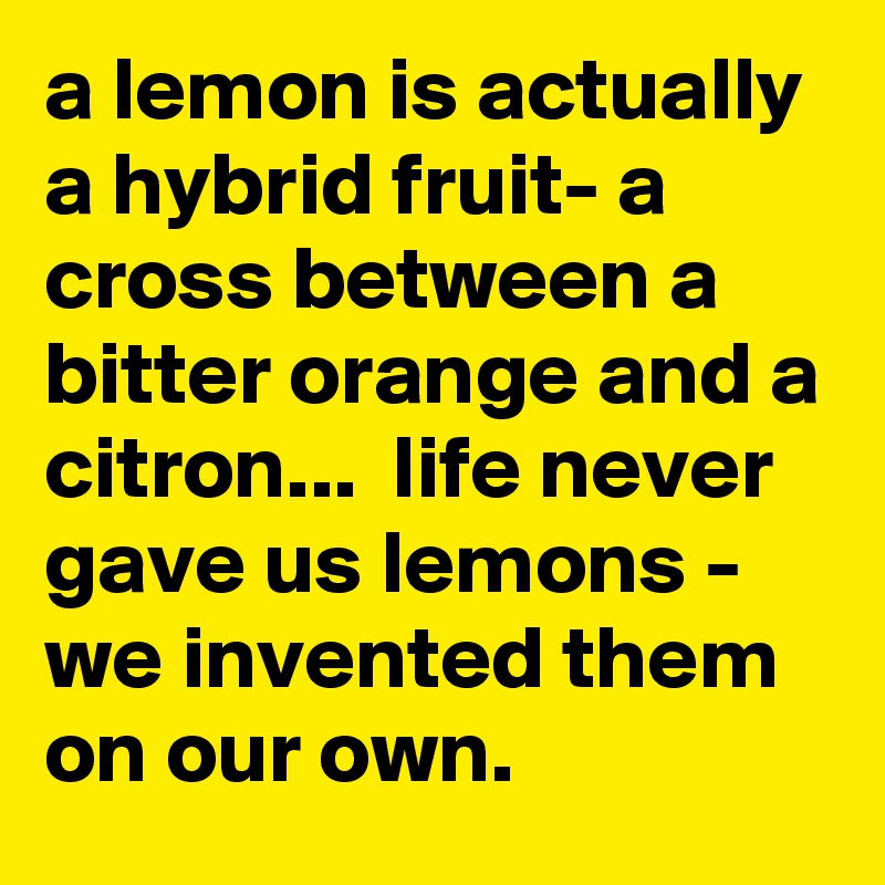 a lemon is actually a hybrid fruit- a cross between a bitter orange and a citron...  life never gave us lemons - we invented them on our own.