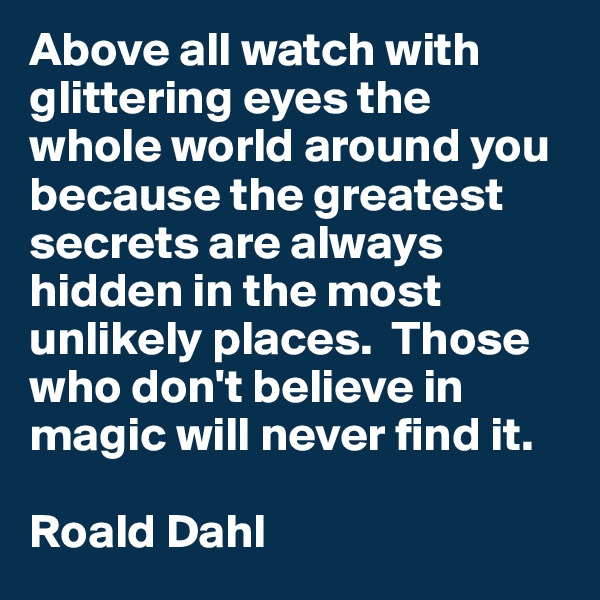 Above all watch with glittering eyes the whole world around you because the greatest secrets are always hidden in the most unlikely places.  Those who don't believe in magic will never find it. 

Roald Dahl
