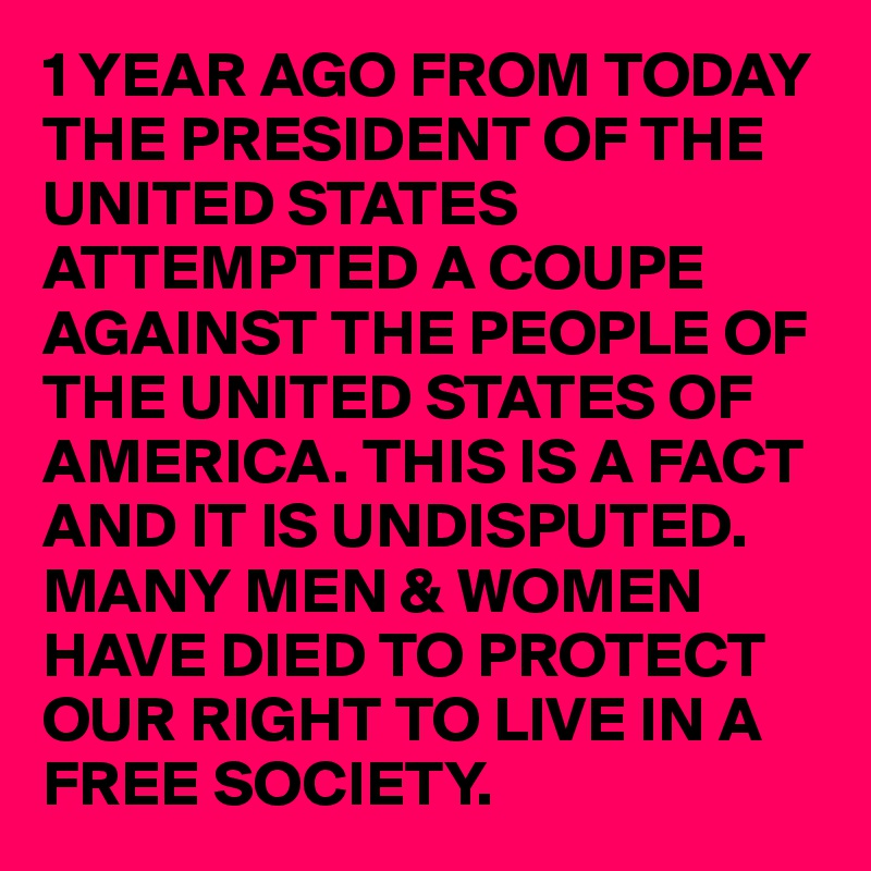 1 YEAR AGO FROM TODAY THE PRESIDENT OF THE UNITED STATES ATTEMPTED A COUPE AGAINST THE PEOPLE OF THE UNITED STATES OF AMERICA. THIS IS A FACT AND IT IS UNDISPUTED. 
MANY MEN & WOMEN HAVE DIED TO PROTECT OUR RIGHT TO LIVE IN A FREE SOCIETY. 