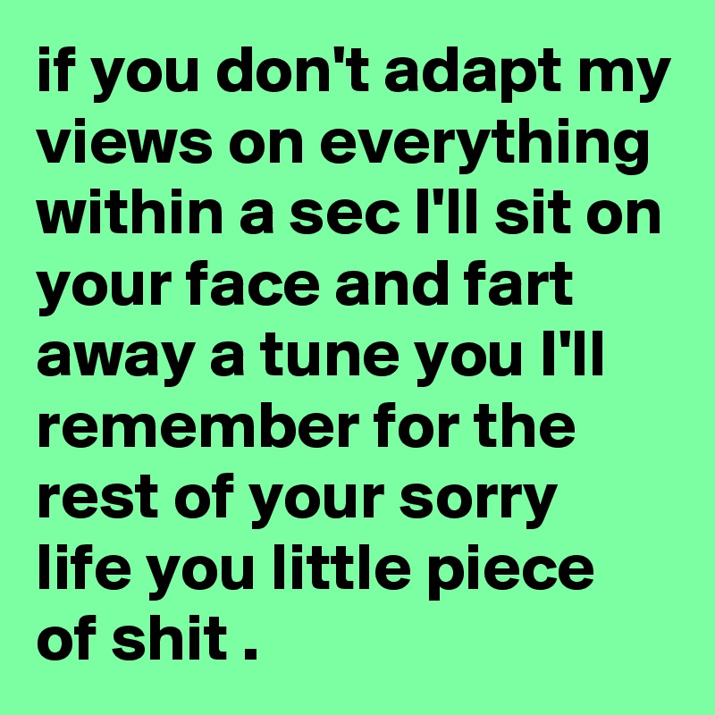 if you don't adapt my views on everything within a sec I'll sit on your face and fart away a tune you I'll remember for the rest of your sorry life you little piece of shit .