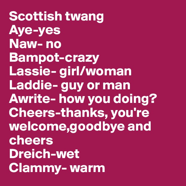 Scottish twang
Aye-yes
Naw- no
Bampot-crazy
Lassie- girl/woman
Laddie- guy or man
Awrite- how you doing?
Cheers-thanks, you're welcome,goodbye and cheers
Dreich-wet
Clammy- warm