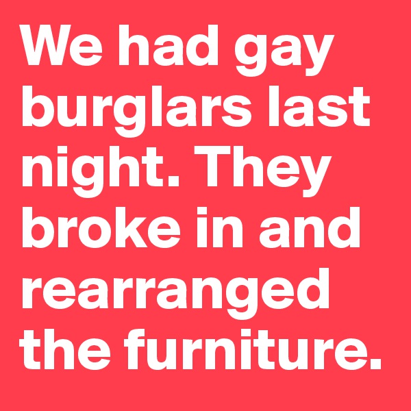 We had gay burglars last night. They broke in and rearranged the furniture.