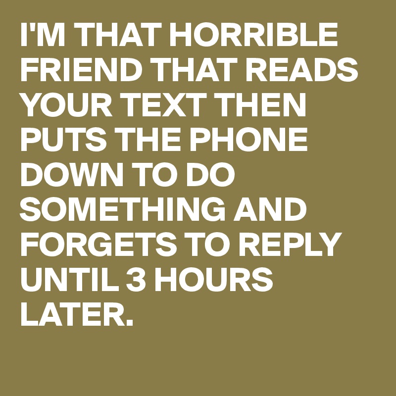 I'M THAT HORRIBLE FRIEND THAT READS YOUR TEXT THEN PUTS THE PHONE DOWN TO DO SOMETHING AND FORGETS TO REPLY UNTIL 3 HOURS LATER.
