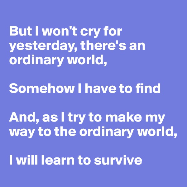 
But I won't cry for yesterday, there's an ordinary world,

Somehow I have to find

And, as I try to make my way to the ordinary world,

I will learn to survive