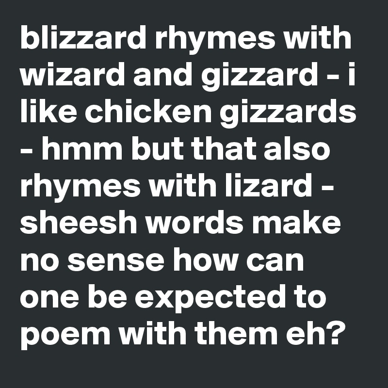 blizzard rhymes with wizard and gizzard - i like chicken gizzards - hmm but that also rhymes with lizard - sheesh words make no sense how can one be expected to poem with them eh?
