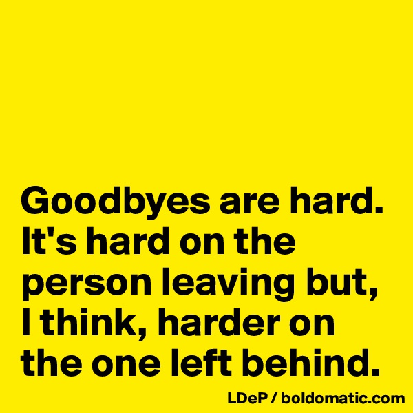 



Goodbyes are hard. It's hard on the person leaving but, I think, harder on the one left behind. 
