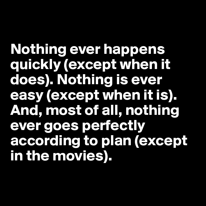 

Nothing ever happens quickly (except when it does). Nothing is ever easy (except when it is). And, most of all, nothing ever goes perfectly according to plan (except in the movies).


