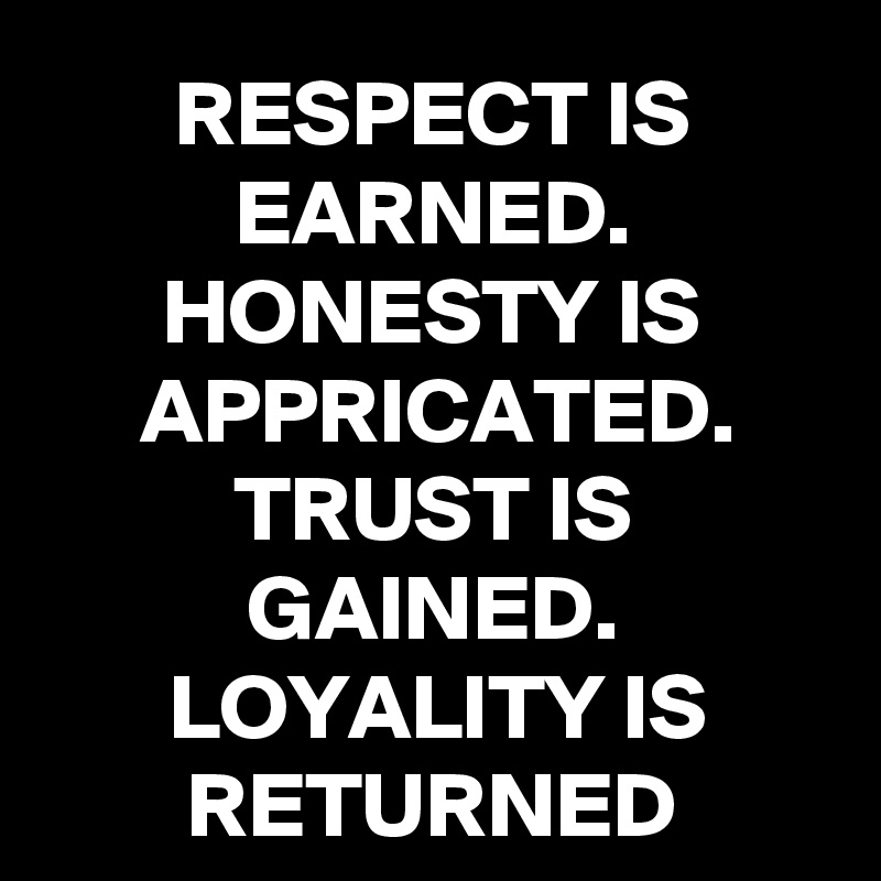 RESPECT IS EARNED.
HONESTY IS APPRICATED. TRUST IS GAINED.
LOYALITY IS RETURNED