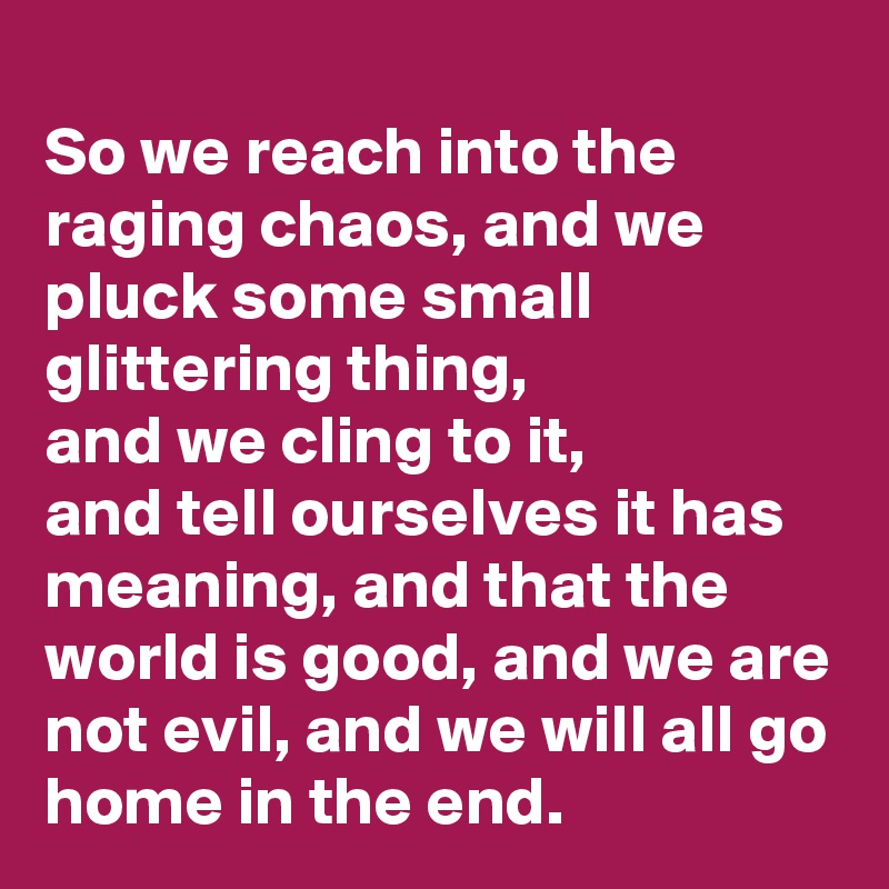                                                        So we reach into the raging chaos, and we pluck some small glittering thing,                and we cling to it,          and tell ourselves it has meaning, and that the world is good, and we are not evil, and we will all go home in the end. 