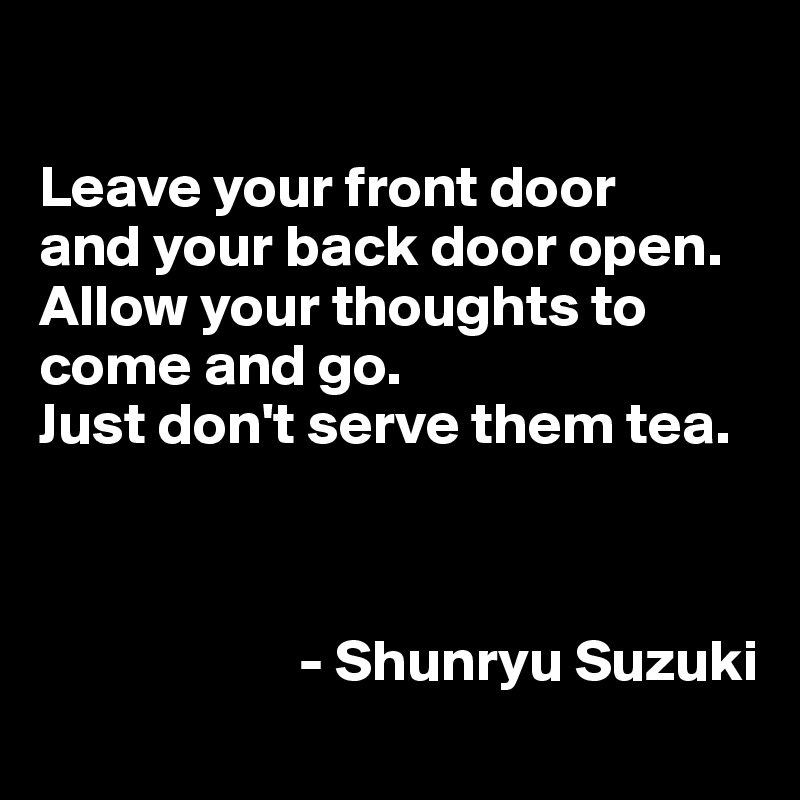 

Leave your front door 
and your back door open. Allow your thoughts to come and go. 
Just don't serve them tea. 



                      - Shunryu Suzuki
