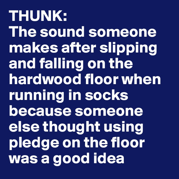 THUNK:
The sound someone
makes after slipping and falling on the hardwood floor when running in socks because someone else thought using pledge on the floor was a good idea 
