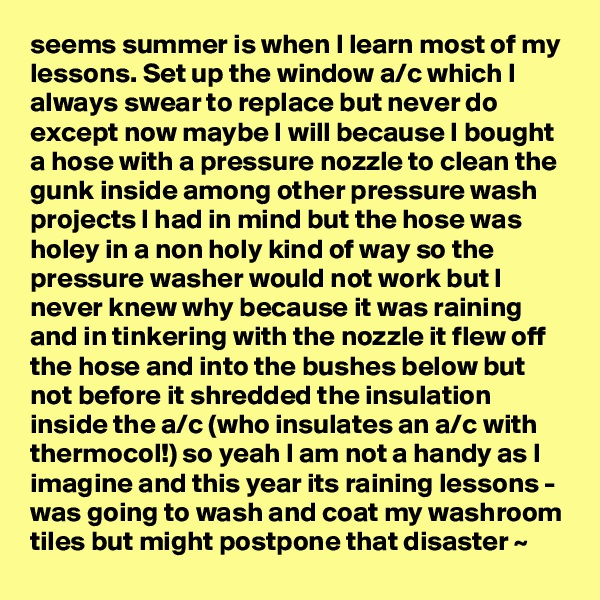 seems summer is when I learn most of my lessons. Set up the window a/c which I always swear to replace but never do except now maybe I will because I bought a hose with a pressure nozzle to clean the gunk inside among other pressure wash projects I had in mind but the hose was holey in a non holy kind of way so the pressure washer would not work but I never knew why because it was raining and in tinkering with the nozzle it flew off the hose and into the bushes below but not before it shredded the insulation inside the a/c (who insulates an a/c with thermocol!) so yeah I am not a handy as I imagine and this year its raining lessons - was going to wash and coat my washroom tiles but might postpone that disaster ~
