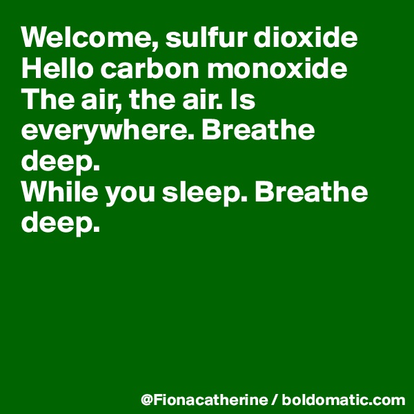 Welcome, sulfur dioxide
Hello carbon monoxide
The air, the air. Is everywhere. Breathe deep.
While you sleep. Breathe
deep.




