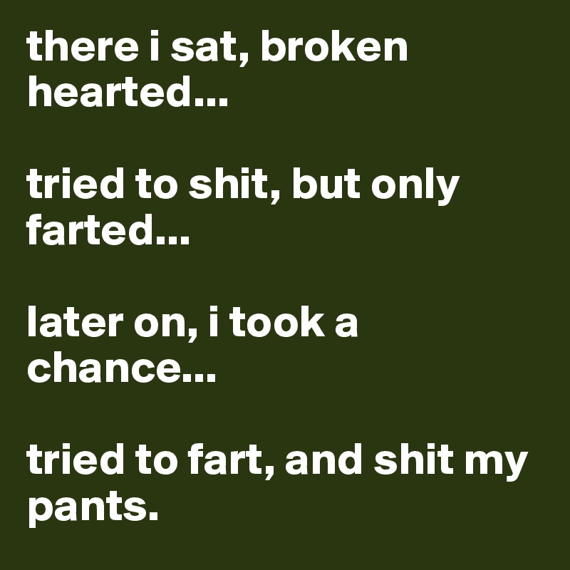 there i sat, broken hearted...

tried to shit, but only farted...

later on, i took a chance...

tried to fart, and shit my pants.