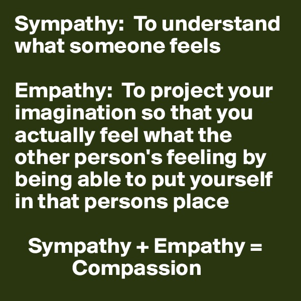 Sympathy:  To understand what someone feels

Empathy:  To project your imagination so that you actually feel what the other person's feeling by being able to put yourself in that persons place

   Sympathy + Empathy =     
             Compassion