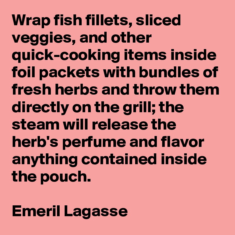 Wrap fish fillets, sliced veggies, and other quick-cooking items inside foil packets with bundles of fresh herbs and throw them directly on the grill; the steam will release the herb's perfume and flavor anything contained inside the pouch.

Emeril Lagasse