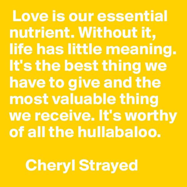  Love is our essential nutrient. Without it, life has little meaning. It's the best thing we have to give and the most valuable thing we receive. It's worthy of all the hullabaloo. 

     Cheryl Strayed