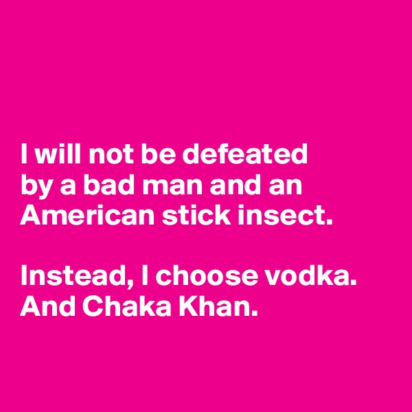 



I will not be defeated 
by a bad man and an American stick insect. 

Instead, I choose vodka. And Chaka Khan.

