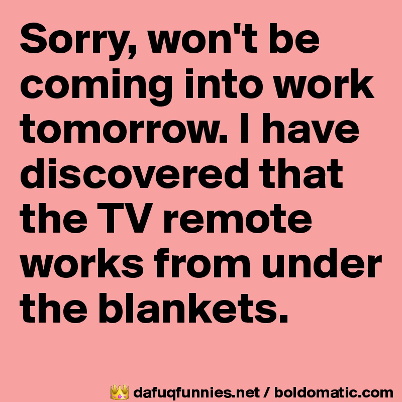 Sorry, won't be coming into work tomorrow. I have discovered that the TV remote works from under the blankets.