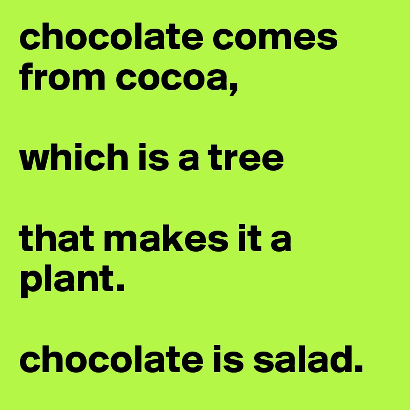 chocolate comes from cocoa, which is a tree that makes it a plant ...