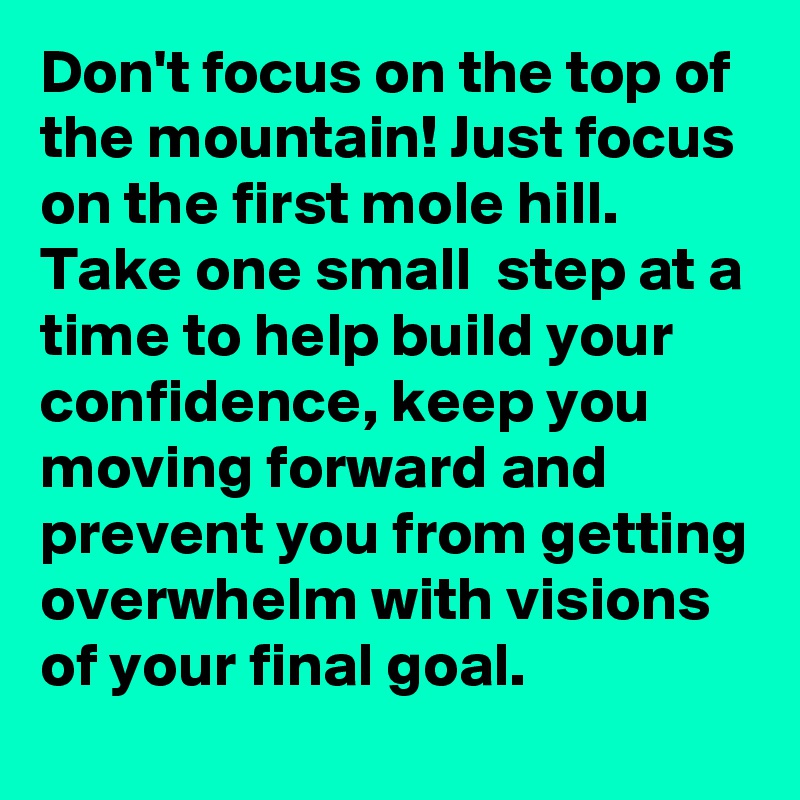 Don't focus on the top of the mountain! Just focus on the first mole hill. Take one small  step at a time to help build your confidence, keep you moving forward and prevent you from getting overwhelm with visions of your final goal.