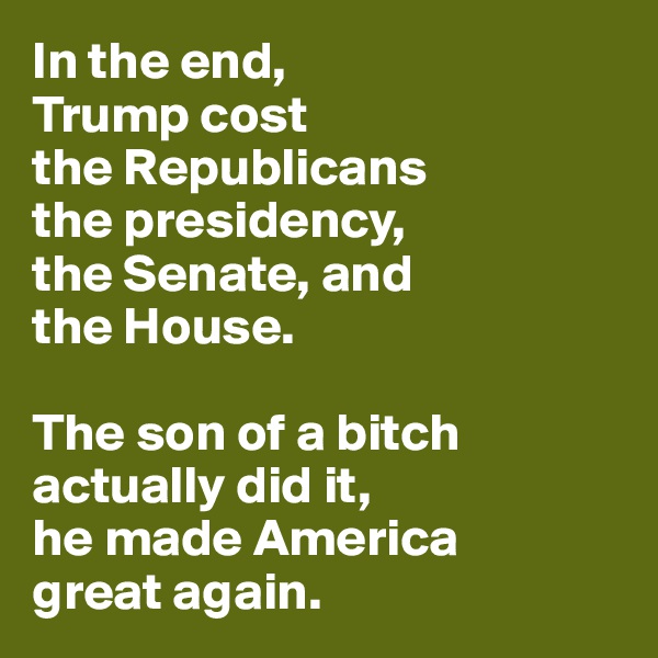 In the end,
Trump cost 
the Republicans 
the presidency, 
the Senate, and 
the House.

The son of a bitch 
actually did it,
he made America
great again.