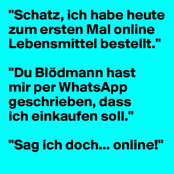 "Schatz, ich habe heute zum ersten Mal online Lebensmittel bestellt."

"Du Blödmann hast 
mir per WhatsApp geschrieben, dass 
ich einkaufen soll."

"Sag ich doch... online!"