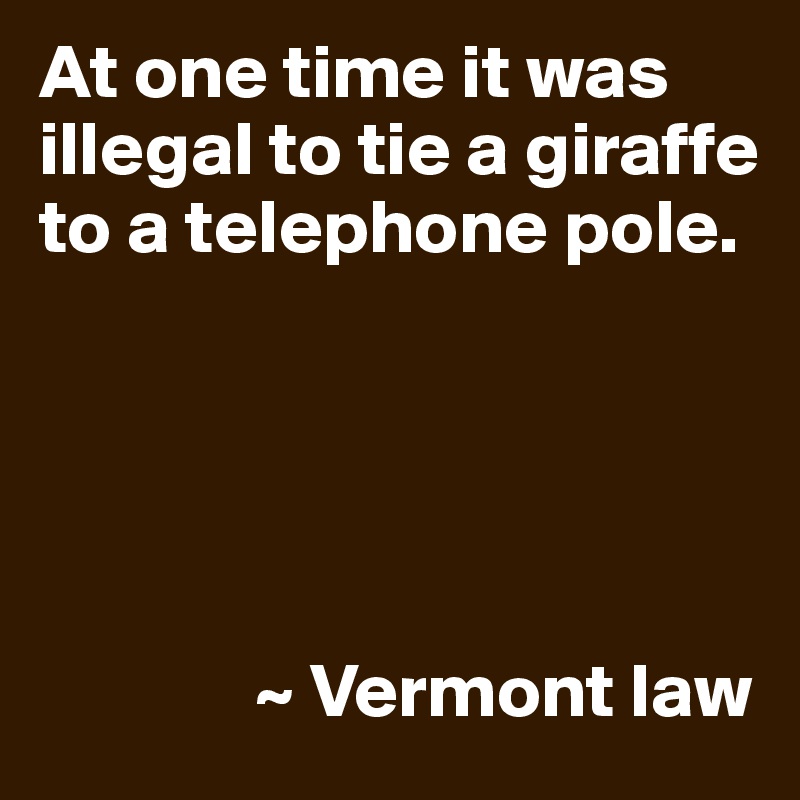 At one time it was illegal to tie a giraffe to a telephone pole.





              ~ Vermont law