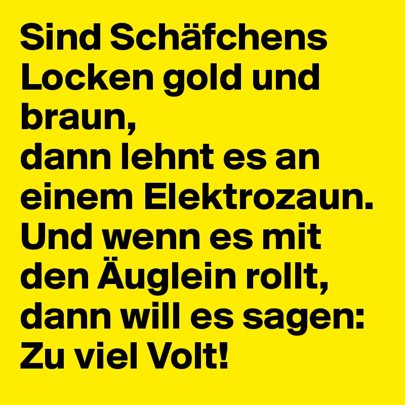 Sind Schäfchens Locken gold und braun,
dann lehnt es an einem Elektrozaun.
Und wenn es mit den Äuglein rollt,
dann will es sagen: Zu viel Volt!