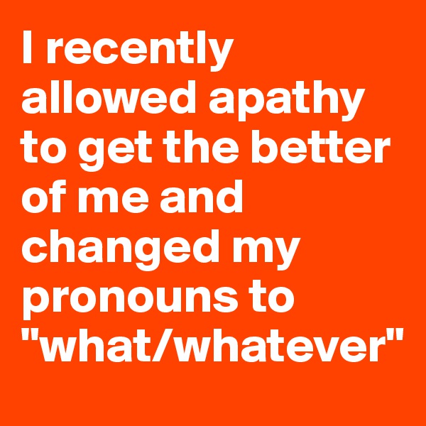 I recently allowed apathy to get the better of me and changed my pronouns to "what/whatever"