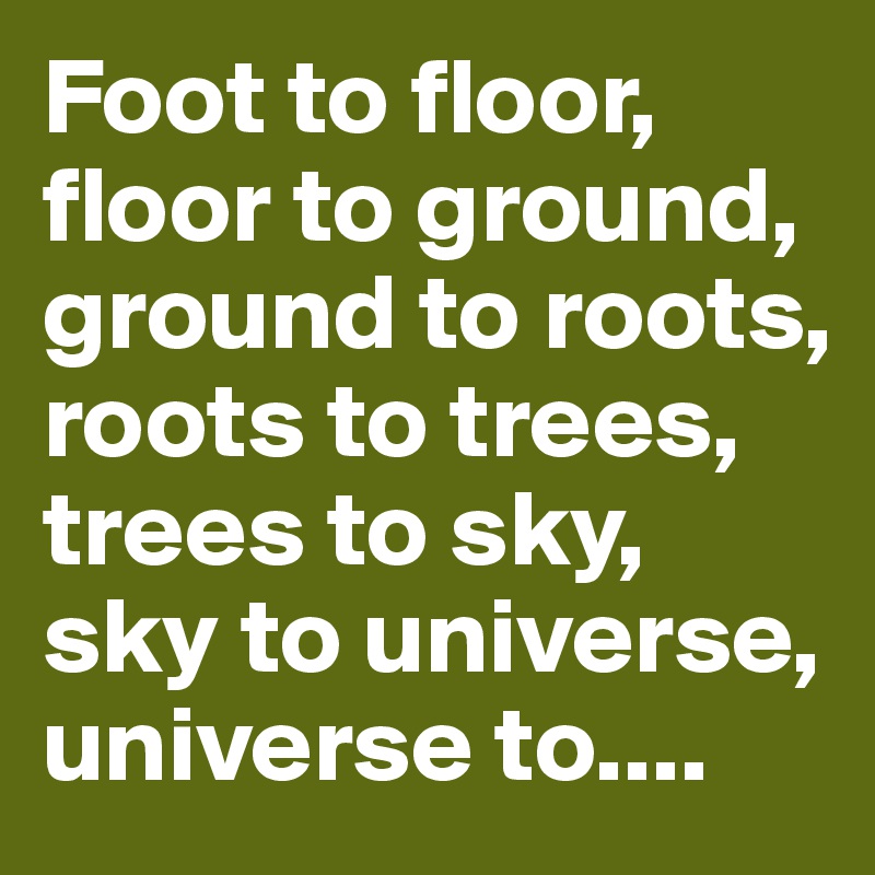 Foot to floor, floor to ground, ground to roots, roots to trees, trees to sky, sky to universe, universe to....